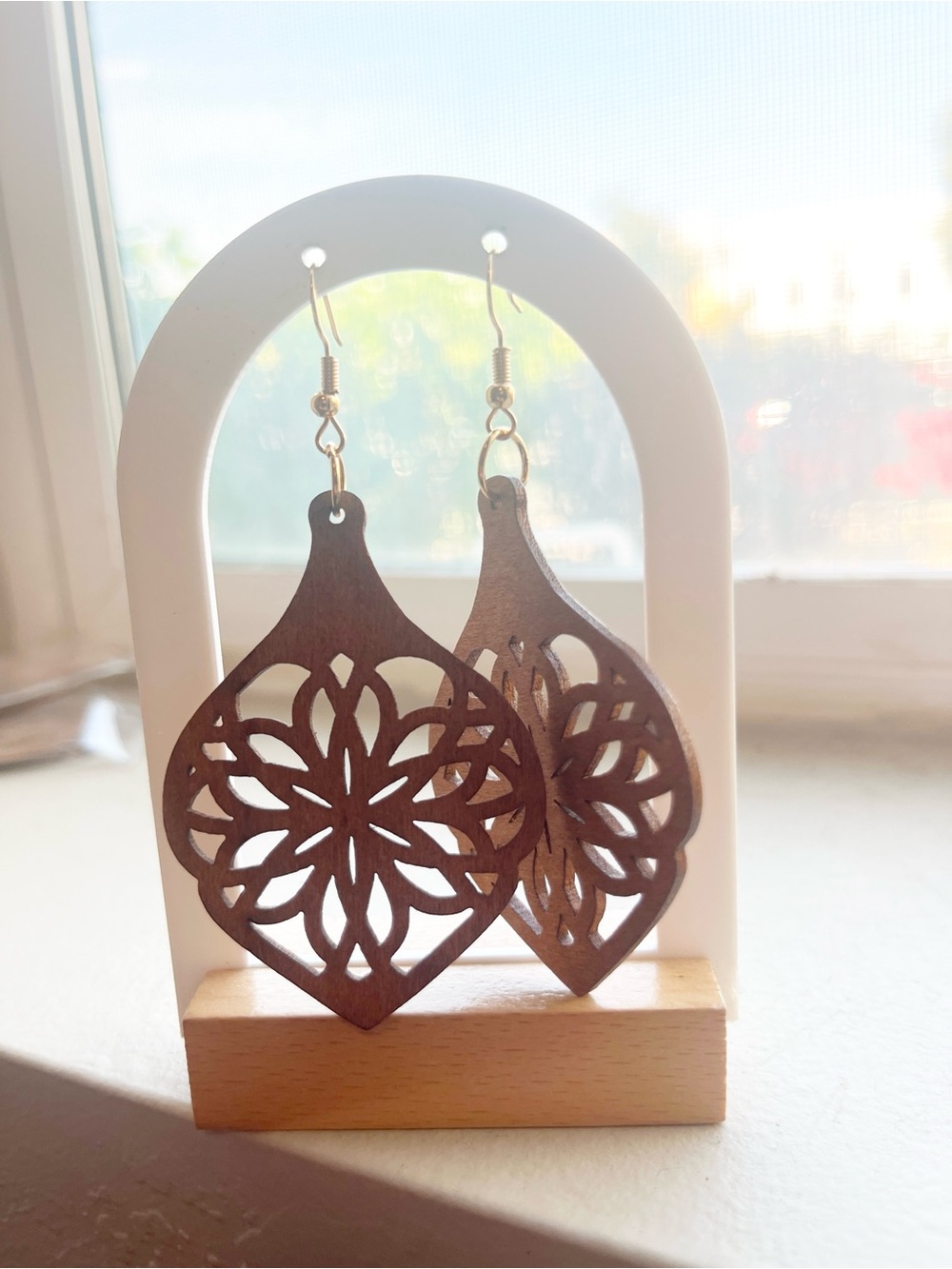 Brown Wood Filigree Drop Earrings